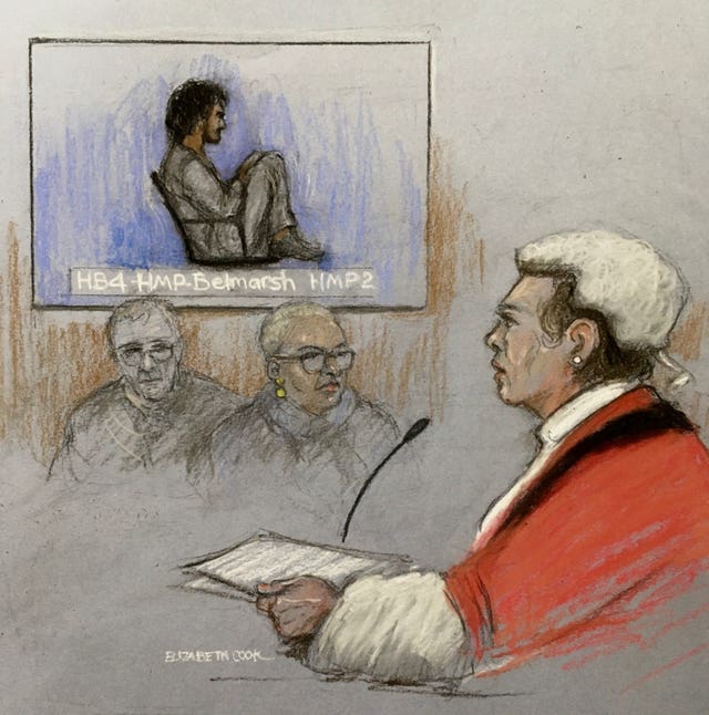 Court artist sketch of Danyal Hussein on video screen being sentenced