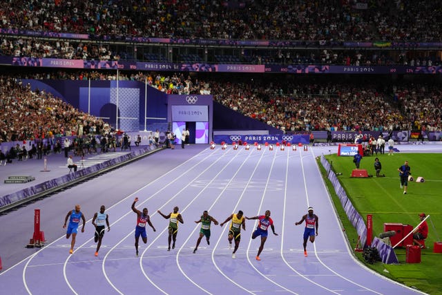 The men's 100m final finish