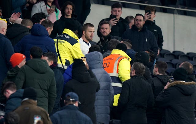 Eric Dier confronts a spectator following the FA Cup loss to Norwich in March 2020