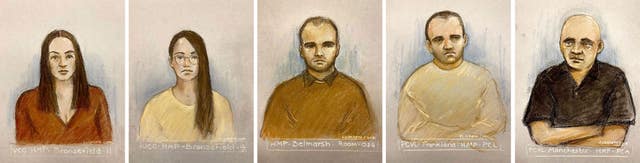 Court artist sketches of Bulgarian nationals (l to r) Katrin Ivanova, Vanya Gaberova, Orlin Roussev, Ivan Stoyanov and Bizer Dzhambazov