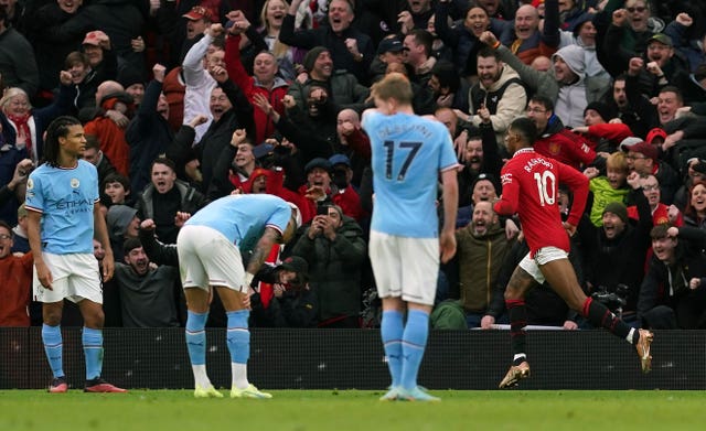 City look dejected as Marcus Rashford puts Manchester United ahead in the derby