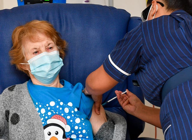 Margaret Keenan, 90, is the first patient in the United Kingdom to receive the Pfizer/BioNtech Covid-19 vaccine at University Hospital, Coventry on December 8 (Jacob King/PA)