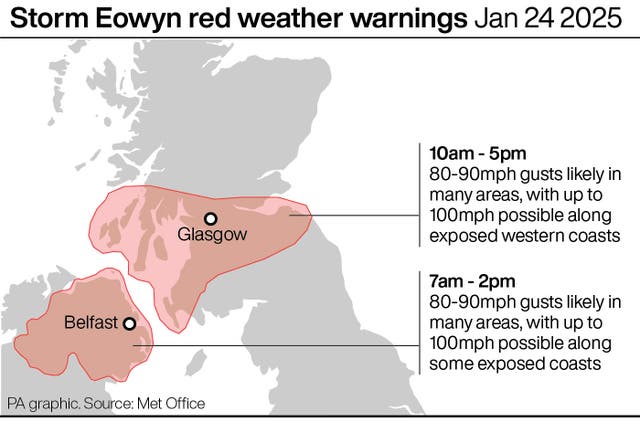 Map of part of the UK, with red weather warning areas highlighted