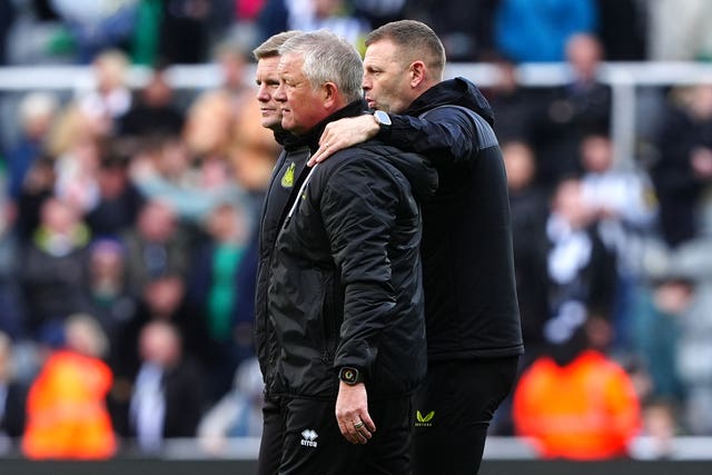 Sheffield United manager Chris Wilder (centre) looks dejected after the final whistle at St James' Park