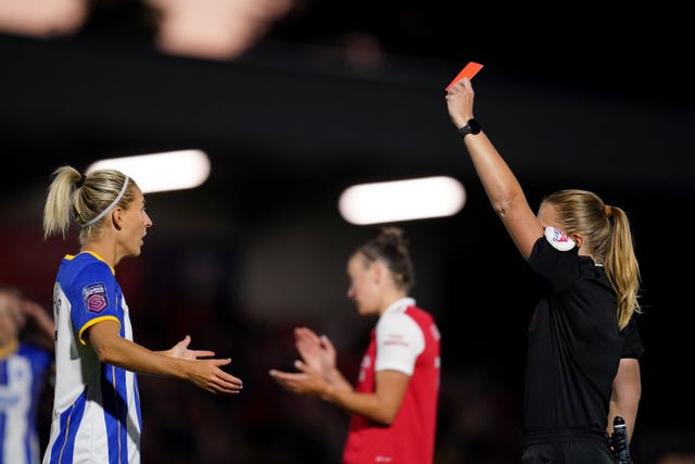 Beth Mead scores twice as Arsenal thrash 10-player Brighton in