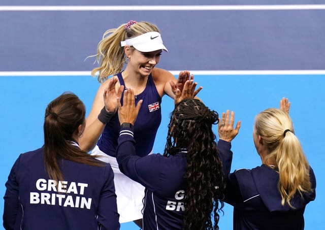 Great Britain’s Katie Boulter celebrates her victory with her team-mates