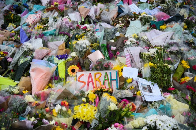 Floral tributes left next to the bandstand in Clapham Common, London, for Sarah Everard (Kirsty O'Connor/PA)