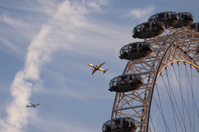 Two planes in the sky above the London Eye