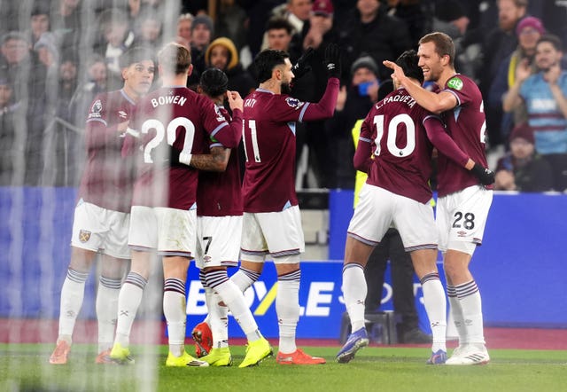 West Ham celebrate taking the lead against Nottingham Forest