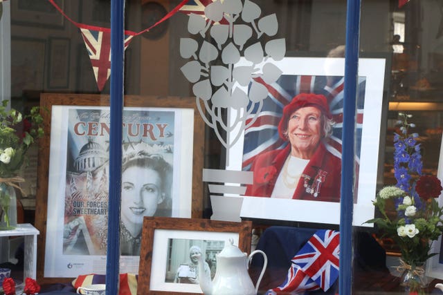 A display in memory of Forces Sweetheart Dame Vera Lynn in the Nutmeg Cafe in Ditchling, where she lived, ahead of her funeral