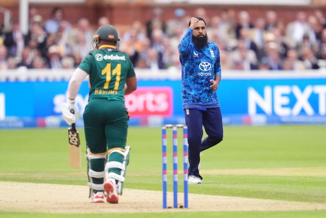 Adil Rashid (right) celebrates taking the wicket of South Africa’s Temba Bavuma
