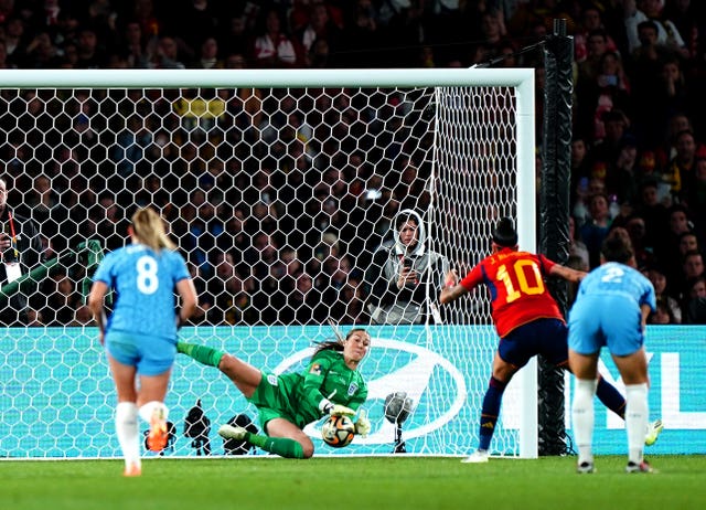 Mary Earps saves a penalty from Spain’s Jenni Hermoso in the World Cup final