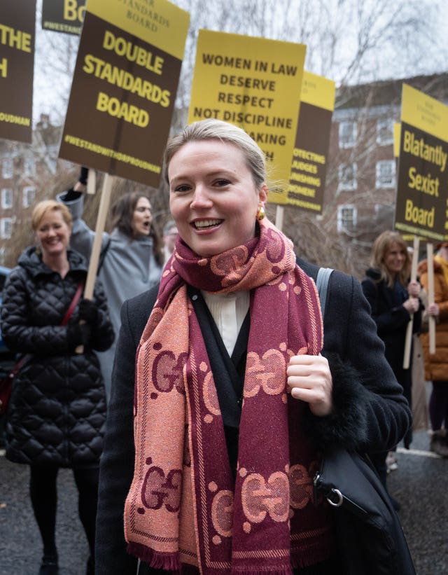 Barrister Charlotte Proudman arrives at a misconduct hearing in London accompanied by supporters where she has been accused of professional misconduct by the Bar Standards Board over comments she made of a “boy’s club” attitude within the judiciary