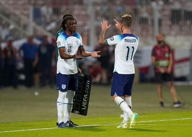 Eberechi Eze (left) replaces team-mate James Maddison to make his England debut