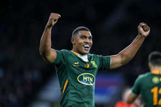 South Africa’s Damian Willemse celebrates an emphatic win at Twickenham