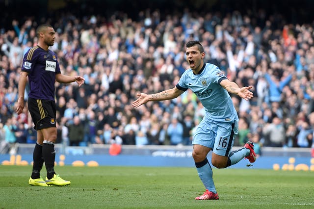 Sergio Aguero celebrates a goal against West Ham in April 2015