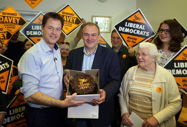 Then-Lib Dem Nick Clegg (left) with Ed Davey, who was at the time energy secretary, during the 2015 general election (Steve Parsons/PA)