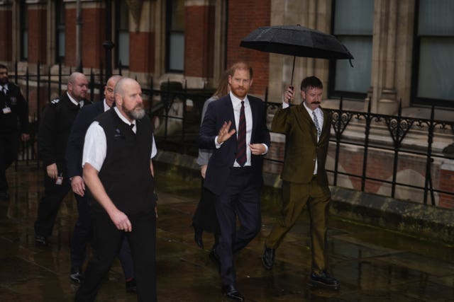 The Duke of Sussex arrives at the Royal Courts of Justice, central London, for day three of the trial over allegations of unlawful information gathering brought against Associated Newspapers Limited by seven people
