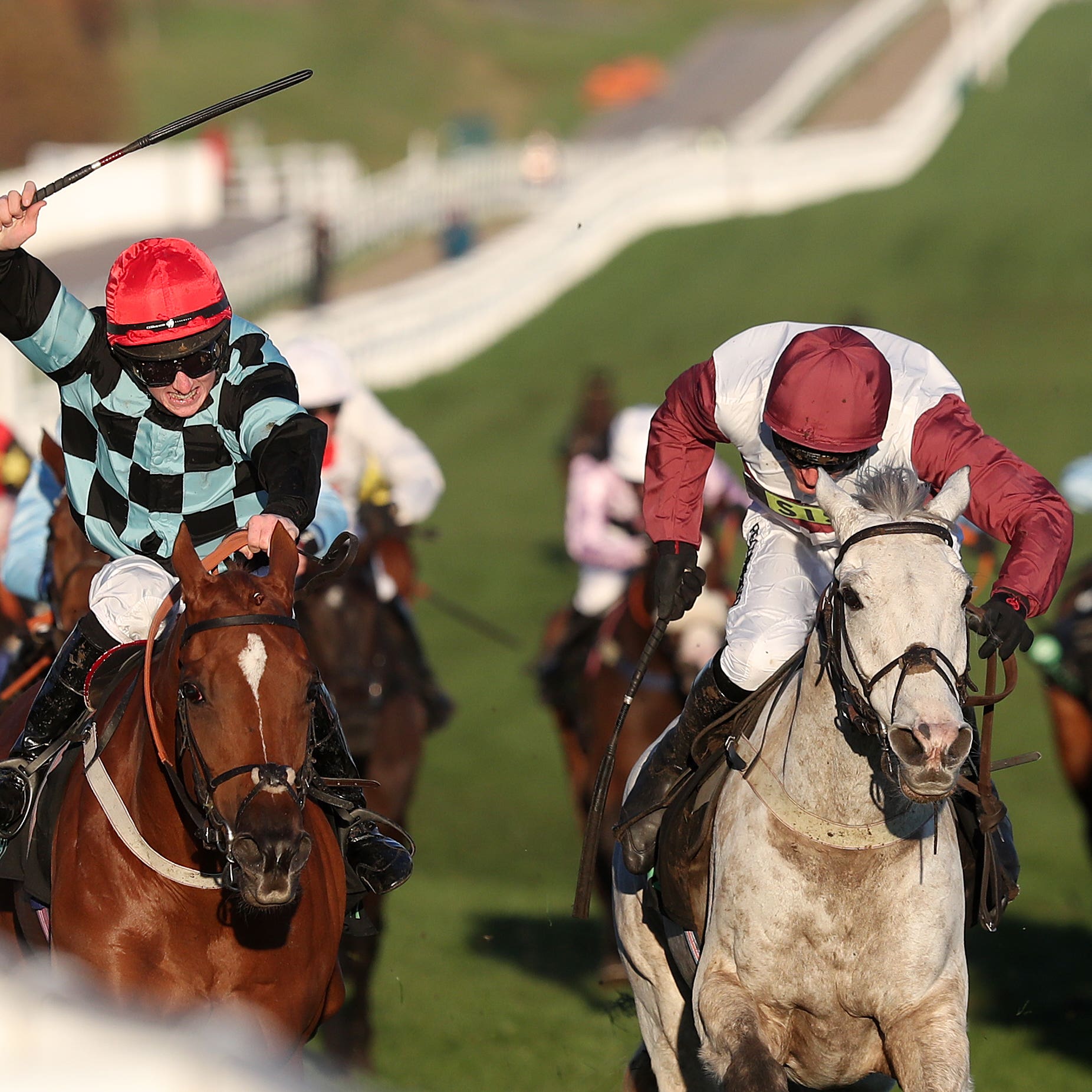 Silver Streak (grey) was narrowly beaten in the Greatwood Hurdle