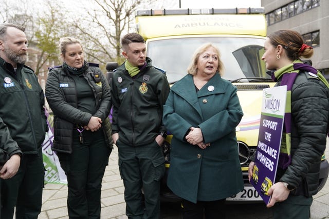 Unison general secretary Christina McAnea joins ambulance workers on the picket line outside Waterloo ambulance station in London