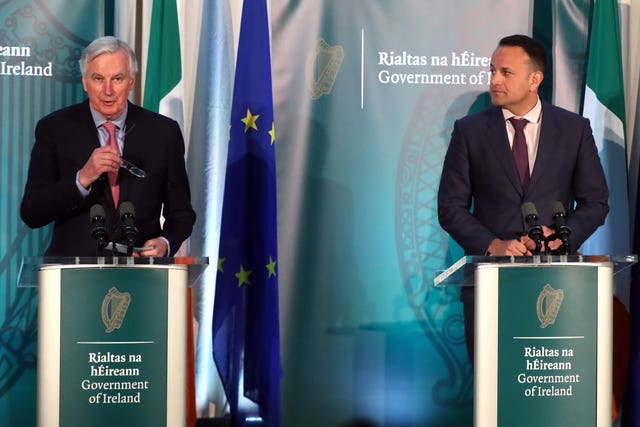 Michel Barnier and Taoiseach Leo Varadkar speaking during a press conference at Dundalk Institute of Technology (Niall Carson/PA)