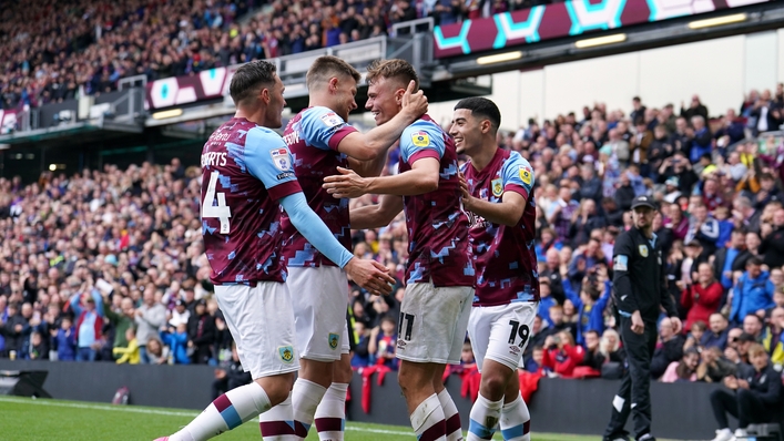 Burnley�s Scott Twine celebrates scoring their side’s third goal of the game with team-mates during the Sky Bet Championship match at Turf Moor, Burnley. Picture date: Monday May 8, 2023.