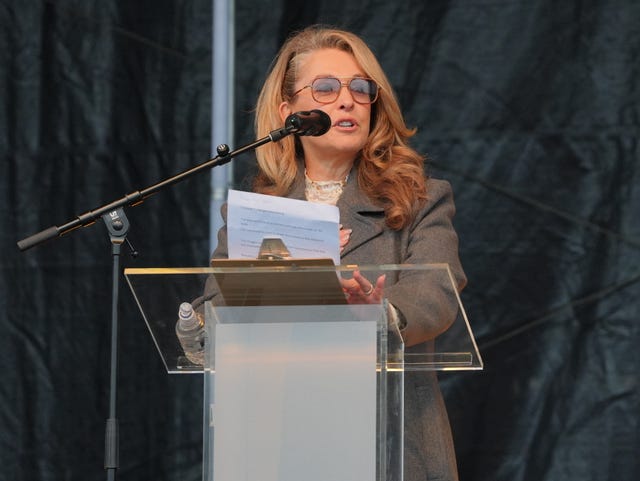 Actress Tracy-Ann Oberman speaking at the Remembering October 7 memorial event in Hyde Park, central London