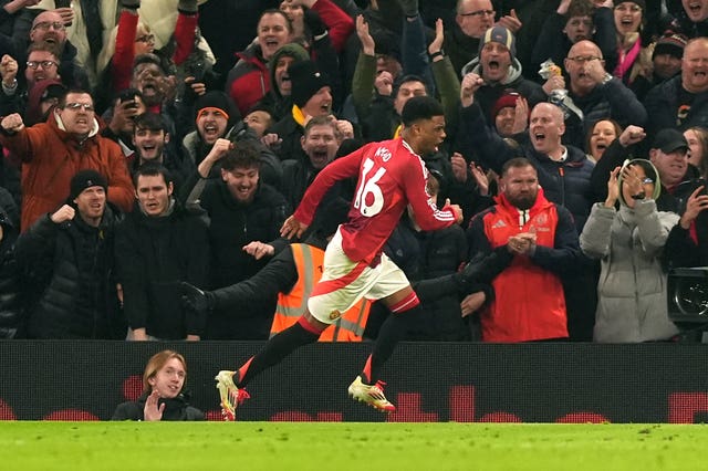 Amad Diallo celebrates after opening the scoring 