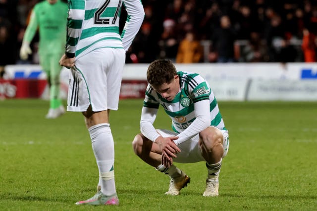 Luke McCowan looks dejected at the final whistle after Celtic’s defeat to Dundee United last month