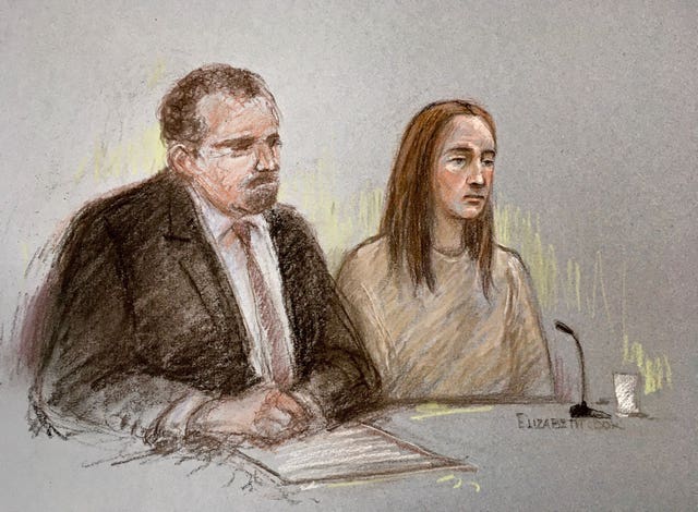 Sketch of Lucy Letby, next to her solicitor Richard Thomas 