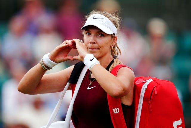 Katie Boulter acknowledges the crowd by making a heart with her hands