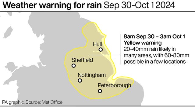 Map highlighting the parts of England covered by the yellow weather warning for rain