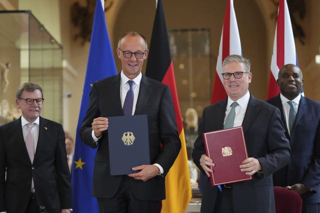 Prime Minister Sir Keir Starmer (right) and German Chancellor Friedrich Merz attend a signing ceremony for the new UK-Germany treaty in London