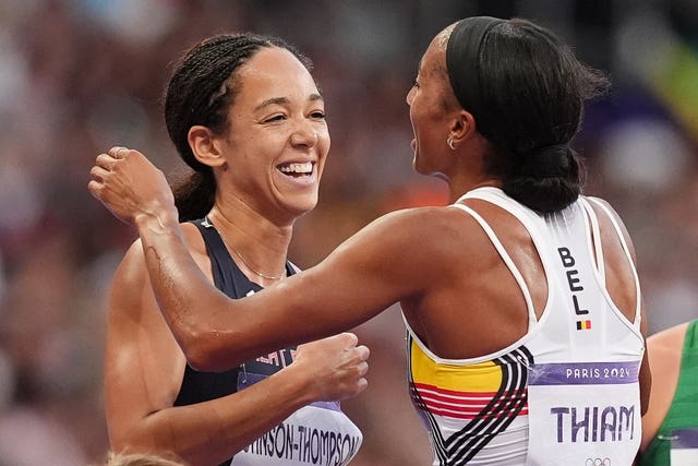 Katarina Johnson-Thompson (left) embraces Belgian Olympic champion Nafissatou Thiam