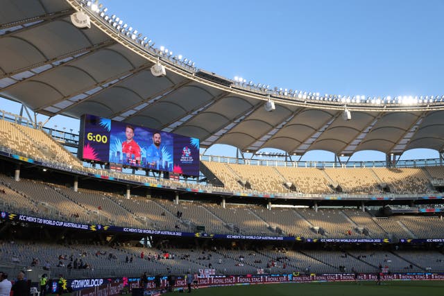 A general view of the Optus Stadium before England’s T20 World Cup game against Afghanistan in 2022, with captains Jos Buttler and Mohammad Nabi shown on the big screen