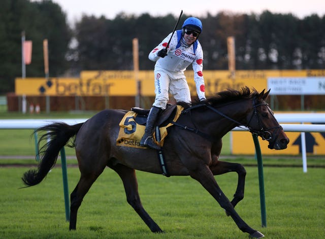 Harry Skelton celebrates winning the Betfair Chase with Protektorat