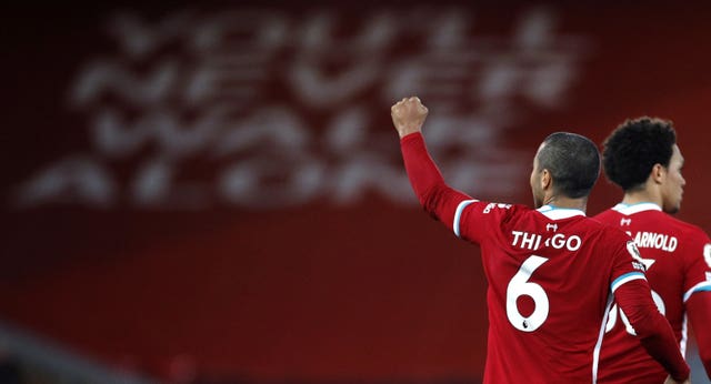 Thiago celebrated his first Liverpool goal late on