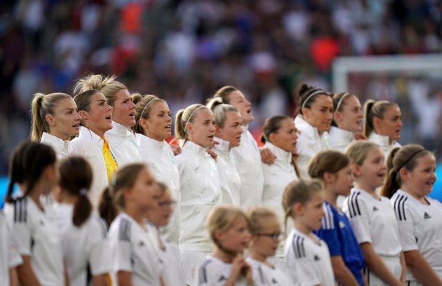 England's players sing the national anthem ahead of their 5-0 Euro 2022 victory over Northern Ireland