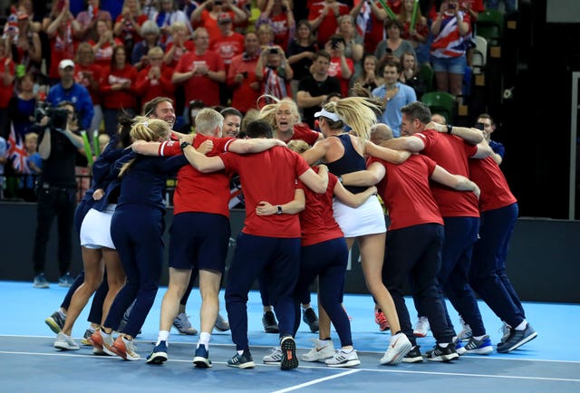 The Great Britain team celebrate Fed Cup victory over Kazakhstan