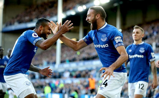 Cenk Tosun (right) celebrates scoring Everton's second goal