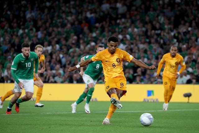 Netherlands’ Cody Gakpo scores against the Republic of Ireland (Donall Farmer/PA)