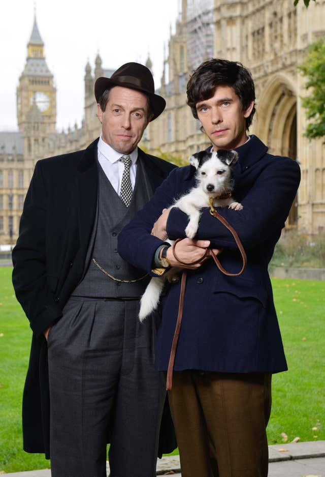 Hugh Grant playing Jeremy Thorpe and Ben Whishaw playing Norman Scott on set for BBC One’s A Very English Scandal. 