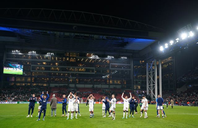 Copenhagen players celebrate a famous victory 