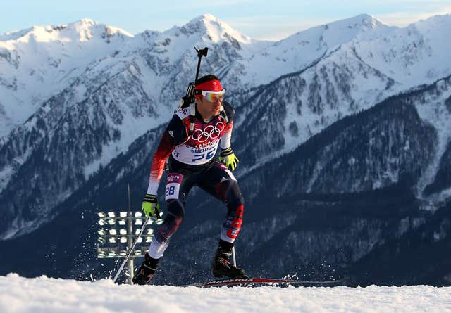 Britain's Lee-Steve Jackson competes in biathlon at the 2014 Winter Olympics