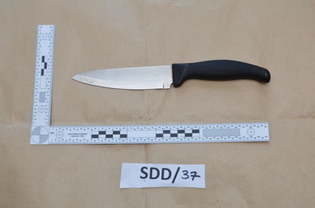 A knife, shown at Woolwich Crown Court