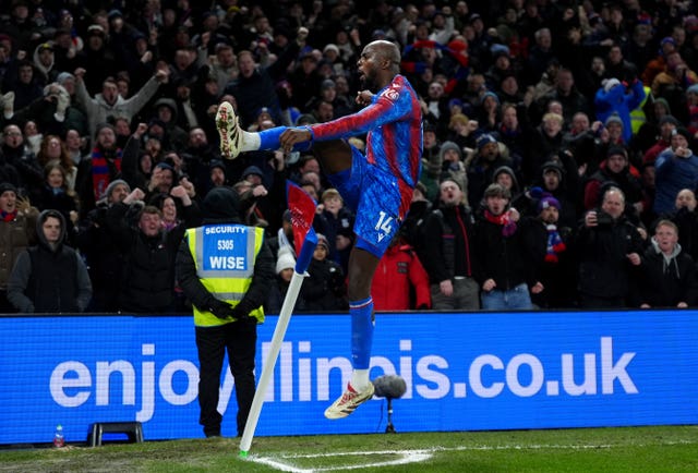 Crystal Palace’s Jean-Philippe Mateta celebrates by fly-kicking the corner flag