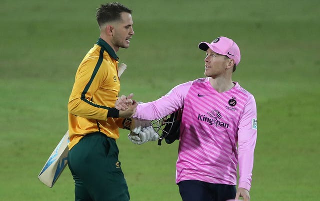 Eoin Morgan, right, seemed to pour cold water on Alex Hales working his way into England's T20 World Cup squad (Nick Potts/PA)