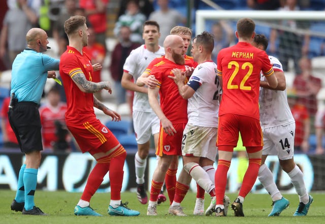 Wales and Albania players clash