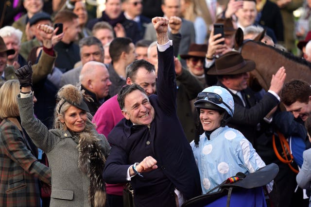 Rachael Blackmore and Henry de Bromhead celebrate after winning Mares’ Hurdle with Honeysuckle