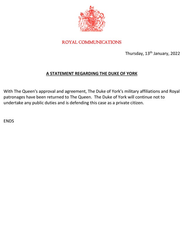 Statement on the duke's military patronages